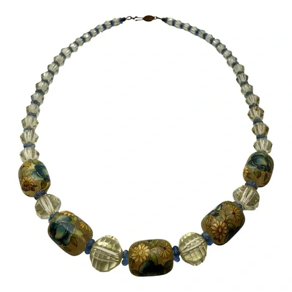 Vintage Hand-Painted Art Glass Necklace w/ 14K Gold Clasp-Length 19”